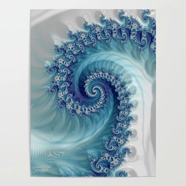 Poster | Fractal Wave Poster | Geometric Design Art | Blue and White Trippy Wall Art | Sacred Geometry Inspired Art | 2 Sizes Available!