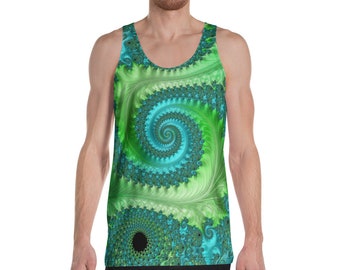 Men's Tank Top | Teal and Lime | Geometric Design | Trippy Fractal Art | Festival Fashion | Long Style