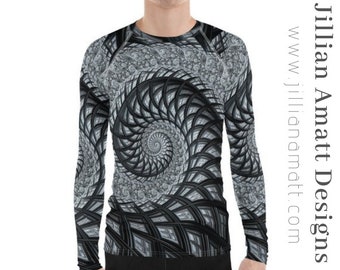 May include: A long-sleeved shirt with a black and white spiral pattern. The shirt is made of a stretchy, comfortable fabric and is perfect for athletic activities or everyday wear.