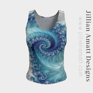Women&#39;s Tank Top White and Blue Fractal Wave Fitted Tank Top Sacred Geometry Infinity Bohemian Soft Peachskin Jersey