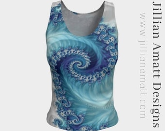 Canotta da donna Canotta aderente con onda frattale bianca e blu Geometria sacra Infinity Boho Maglia morbida in pelle di pesca