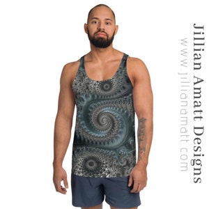 Men&#39;s Tank Top | Grey Steel Blue Sacred Geometry Design | Fractal Golden Spiral Summer Tank Top | Men&#39;s Trippy Workout Tank | Spiritual Tank