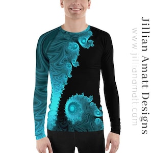 Men&#39;s Rash Guard Black and Blue Surfing Shirt Fractal Geometry Trippy Swimming Shirt UPF Sun Protection Long Sleeve