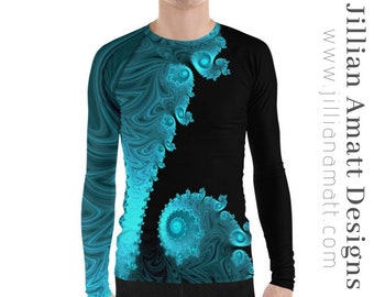 Men's Rash Guard Black and Blue Surfing Shirt Fractal Geometry Trippy Swimming Shirt UPF Sun Protection Long Sleeve