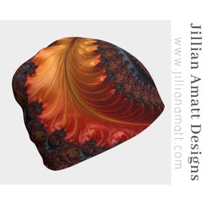 Beanie! Red Orange Black Fractal Beanie, &quot;Feathery Flow&quot; Sacred Geometry Winter Hat or Cold Weather Gear