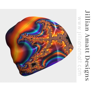 Beanie! Orange Blue Black Fractal Beanie, Sacred Geometry Trippy Festival Clothing, Funky Winter Hat or Toque