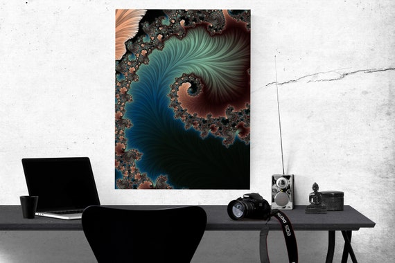Navy Blue And Mint Green Fractal Giclee Canvas Mandelbrot Infinity Wall Art Sacred Geometry Modern Home Decor Trippy Psychadelic Wall Art