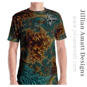 May include: A t-shirt with a colorful, abstract design featuring swirling patterns in shades of gold, teal, and brown. The design appears to be a fractal pattern.