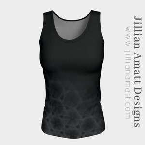 Women&#39;s Black Fitted Tank Top Trippy Geometry Yoga Tank Top Soft Peachskin Jersey Workout Tank Funky Lightweight Tank Dance or Hanging Out