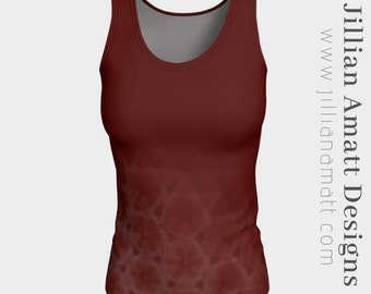 Red Fitted Tank Top Geometric Design Printed Cranberry Yoga Top Soft Peachskin Jersey Workout Wear Long or Short Women's Tank Top