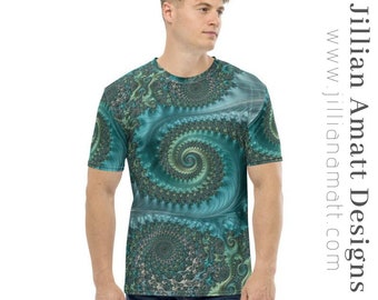 Turquoise Men's T-shirt Sacred Geometry Golden Spiral Fractal Mathematics Soft Comfortable Mens Shirt Trippy Psychedelic Fashion Staple