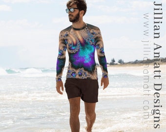 Men's Rash Guard! Bright and Bold Purple and Blue Geometric Design Surf, Workout or Yoga Shirt, 7 SIZES AVAILABLE!