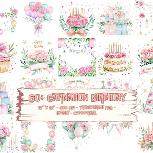 Más de 60 imágenes prediseñadas de flores de cumpleaños, marco de borde de clavel, flores del mes de nacimiento, paquete PNG de acuarela, descarga digital instantánea, regalo, diario basura