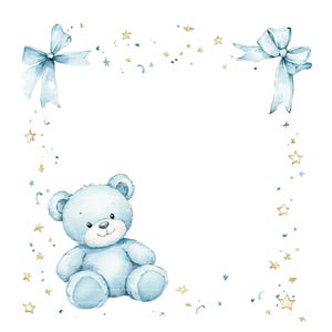 Baby Boy Invitation Teddy Bear Bow Clipart Border Baby Shower Birthday Watercolor Frame PNG Blue Digital Download Card Junk Journal