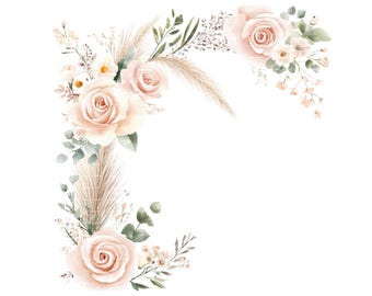 Watercolor Rose & Eucalyptus Wedding Border Clipart (Digital Download)