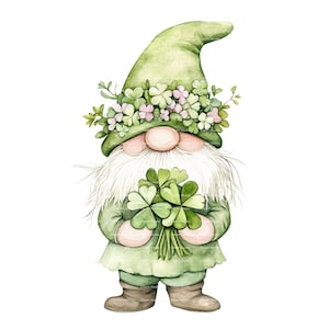 St Patricks Day Gnome Watercolor Clipart: Clover PNG (Digital Download)