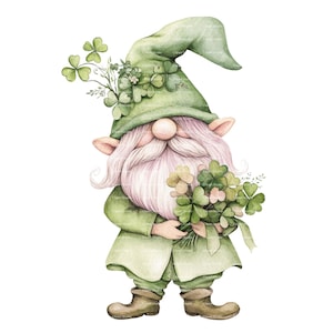 St Patricks Day Gnome Watercolor Clipart PNG Cute Green Clover St Pattys Day Instant Digital Download Gift Junk Journal Stickers