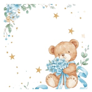 Baby Boy Invitation Teddy Bear Clipart Border Baby Shower Birthday Watercolor Frame PNG Blue Digital Download Card Junk Journal