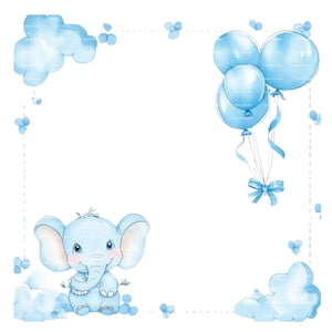 Invitation bébé garçon éléphant noeud bordure Clipart Baby Shower anniversaire cadre aquarelle PNG bleu carte de téléchargement numérique Junk Journal