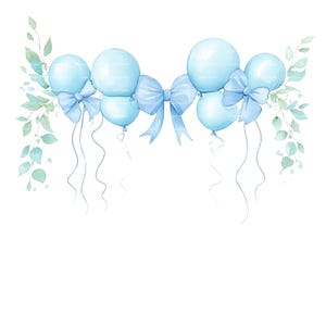 Invitation bébé garçon cadre ballon Clipart bordure verdure Baby Shower anniversaire cadre aquarelle PNG bleu téléchargement numérique carte Journal indésirable
