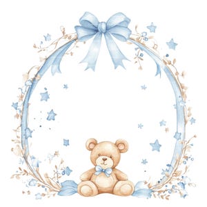 Invitation bébé garçon ours en peluche noeud Clipart frontière Baby Shower anniversaire aquarelle cadre PNG bleu téléchargement numérique carte Junk Journal