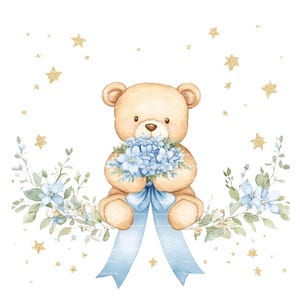 Baby Boy Invitation Teddy Bear Bow Clipart Border Baby Shower Birthday Watercolor Frame PNG Blue Digital Download Card Junk Journal