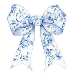 Lazo de cinta con diseño de coqueta chinoiserie PNG, acuarela, clipart, estampado floral azul y blanco, descarga digital instantánea, diario basura