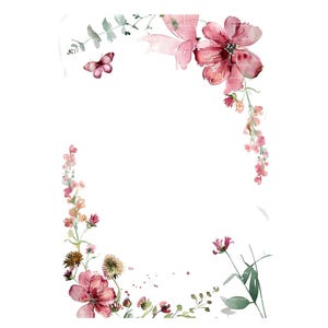 以下が含まれることがあります： ピンクと赤の花、緑の葉、蝶を描いた水彩画のフローラルデザイン。白い背景に配置され、花と葉が装飾的なボーダーを形成しています。繊細で芸術的なスタイルです。