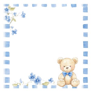 Invitation bébé garçon ours en peluche noeud Clipart frontière Baby Shower anniversaire aquarelle cadre PNG bleu téléchargement numérique carte Junk Journal