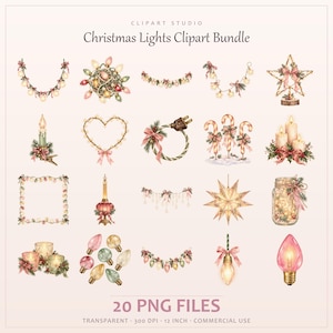 May include: A digital collection of 20 Christmas lights clipart illustrations featuring watercolor-style light strings, candles, stars, candy canes, and mason jars with pink bows and greenery accents, labeled as Christmas Lights Clipart Bundle.