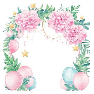 Arco de cumpleaños Mes de nacimiento Clipart Clavel Globo Enero Flor de nacimiento para invitación Tarjeta de agradecimiento Descarga digital Diario basura