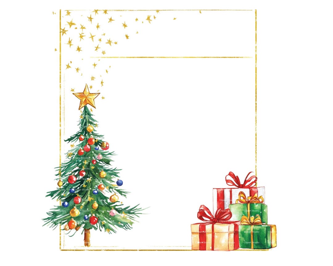 水彩画のクリスマスツリーのボーダークリップアート：ホリデー招待状フレーム（デジタルダウンロード） - Etsy 日本, image size:1080x864