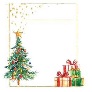 May include: A watercolour illustration of a Christmas tree decorated with baubles and a star on top. There are presents wrapped in red, green, and gold paper beneath the tree. The image is framed with a gold border.