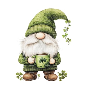 Watercolor St Patricks Day Gnome Clipart: Green Clover PNG (Digital Download)