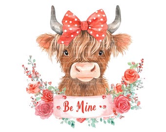 Highland Cow Valentine Clipart: Watercolor Roses, Coquette Bow (PNG Digital Download)