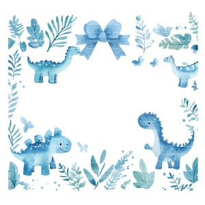 Baby Boy Einladung Clipart Dinosaurier Border Baby Shower Geburtstag Aquarell Rahmen PNG Blau Digital Download Junk Journal