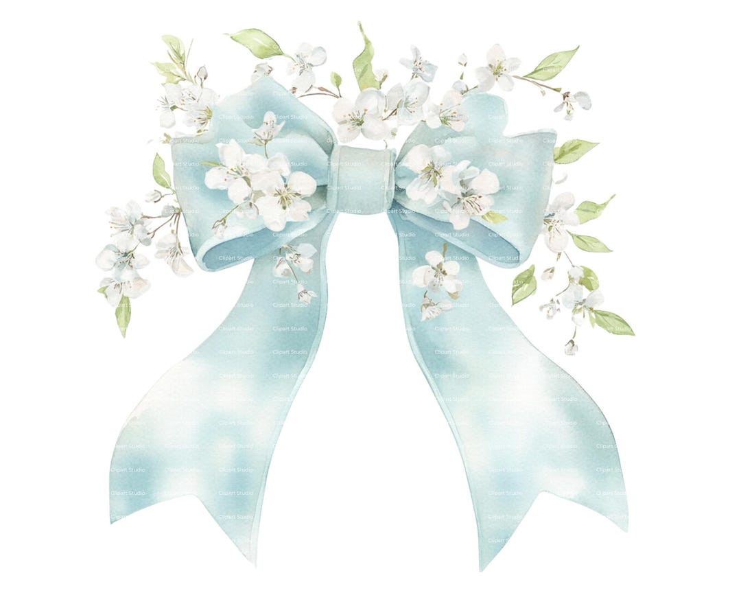 Watercolor Coquette Ribbon Bow Clipart: Blue Floral PNG (digital ...