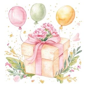 Clipart de regalo de cumpleaños, globo, clavel, mes de nacimiento de enero, flor rosa, PNG para invitación, tarjeta de agradecimiento, descarga digital, diario basura