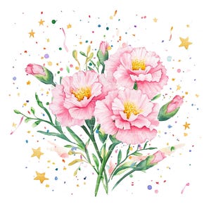 Clipart de ramo de flores del mes de nacimiento de clavel, cumpleaños de enero, PNG para invitación, tarjeta de agradecimiento, descarga digital instantánea, diario basura