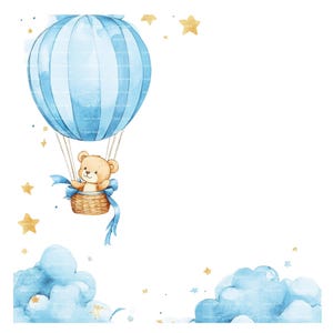 Baby Boy Einladung Teddy Bär Clipart Bordüre Heißluftballon Baby Shower Geburtstag Aquarell Rahmen PNG Blau Digital Download Karte