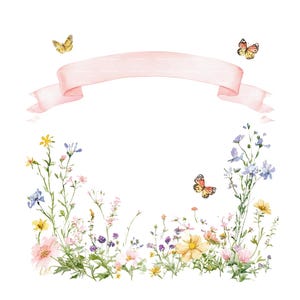 Bordure de banderoles de fleurs sauvages papillon cadre Clipart PNG Invitation carte de remerciement imprimable aquarelle Clipart Digital Download Junk Journal
