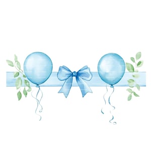 Baby Boy Invitation Balloon Frame Clipart Border Greenery Baby Shower Birthday Watercolor Frame PNG Blue Digital Download Card Junk Journal