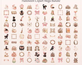 100-Piece Halloween Clipart Bundle, Pink Watercolor Ghosts, Cats, Haunted Houses (Digital Download)