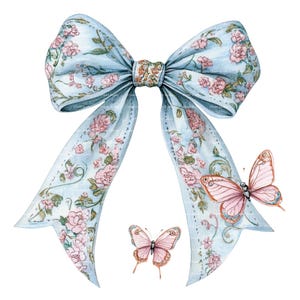 Coquette Ribbon Bow PNG Aquarel Chinoiserie Wildflower Butterfly Clipart Kleurrijke Bloemenprint Instant Digitale Download Junk Journal