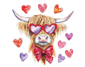 Highland Cow Valentine Clipart: Watercolor Hearts, Bow, Sunglasses (PNG Digital Download)