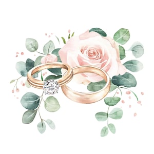 Hochzeit Ring Clipart Rosen Eukalyptus rosa und weiß Einladung Dankeschön-Karte druckbare Aquarell Clipart Digital Download Junk Journal