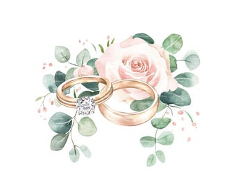 Wedding Ring Clipart: Roses, Eucalyptus, Watercolor (Digital Download)