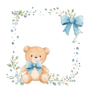 Baby Boy Invitation Teddy Bear Bow Clipart Border Baby Shower Birthday Watercolor Frame PNG Blue Digital Download Card Junk Journal