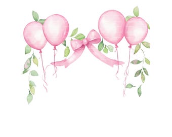 Baby Girl Pink Balloon Clipart: Watercolor Bow, Greenery Frame (PNG Digital Download)