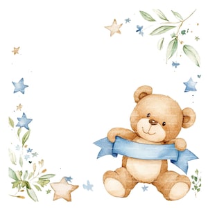 Invito per neonato Orsetto Clipart Bordo Baby Shower Compleanno Acquerello Banner Cornice PNG Blu Download digitale Carta Junk Journal